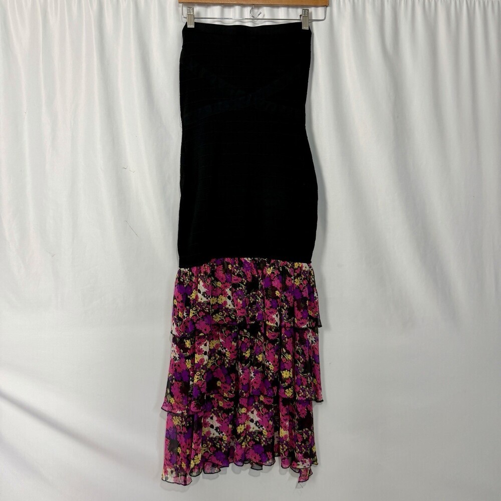 Bebe Strapless Mermaid Maxi Dress Flower Tiered Ruffles Sz Large